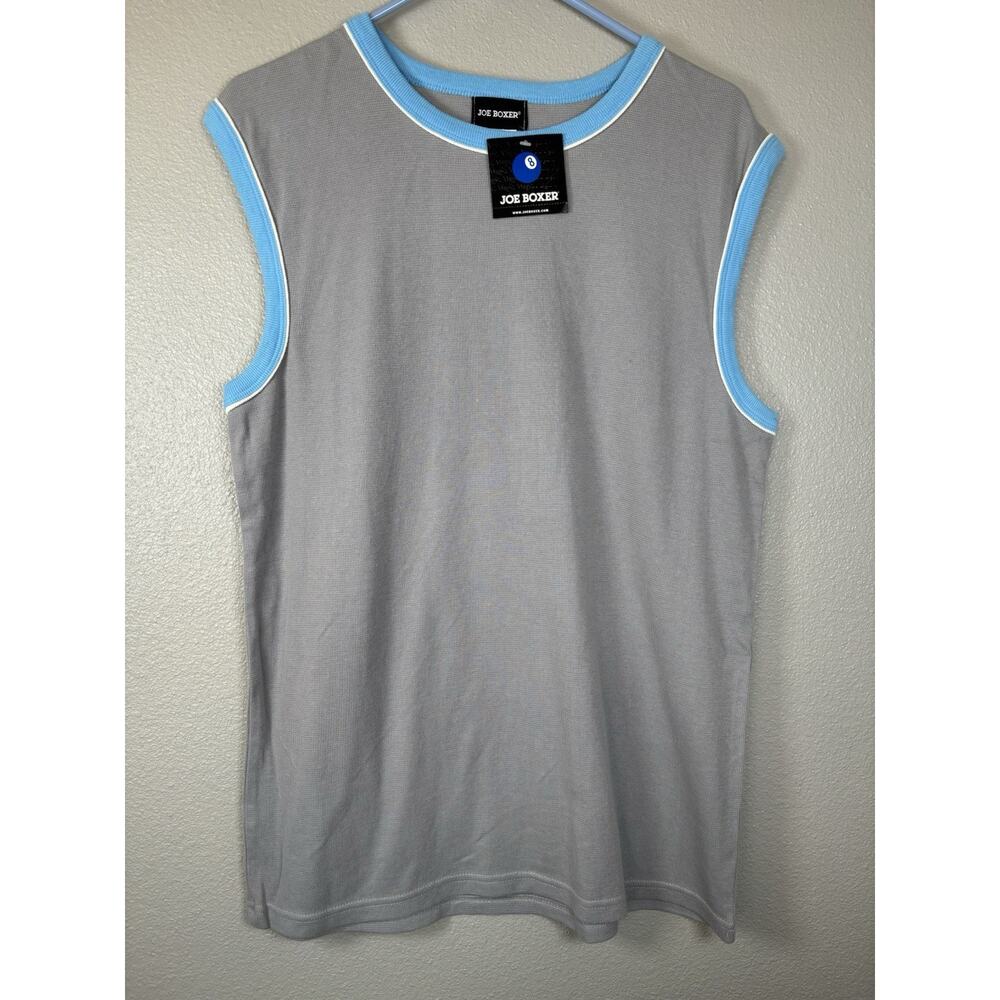 Men’s Joe Boxer Tank Top Y2K Gray Blue Trim Waffle Knit Medium 100% Cotton‎